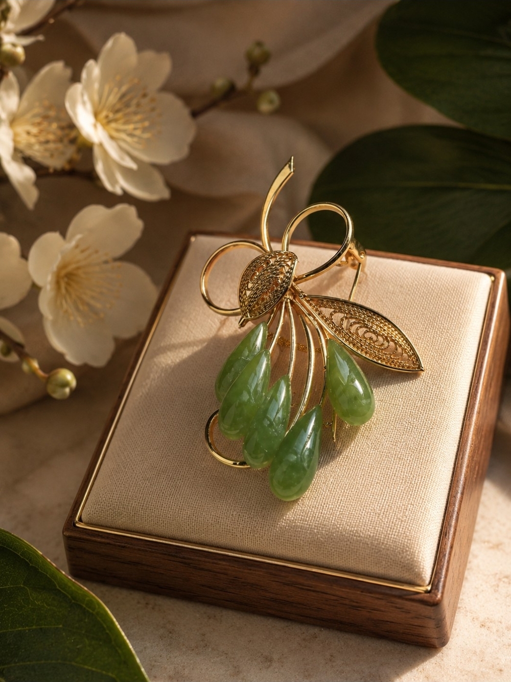 Gold Floral Brooch with Green Jade Teardrops - Elegant Women’s Jewelry